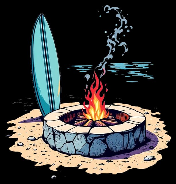 An Ocean Beach fire ring burning beside a surfboard planted in the sand.