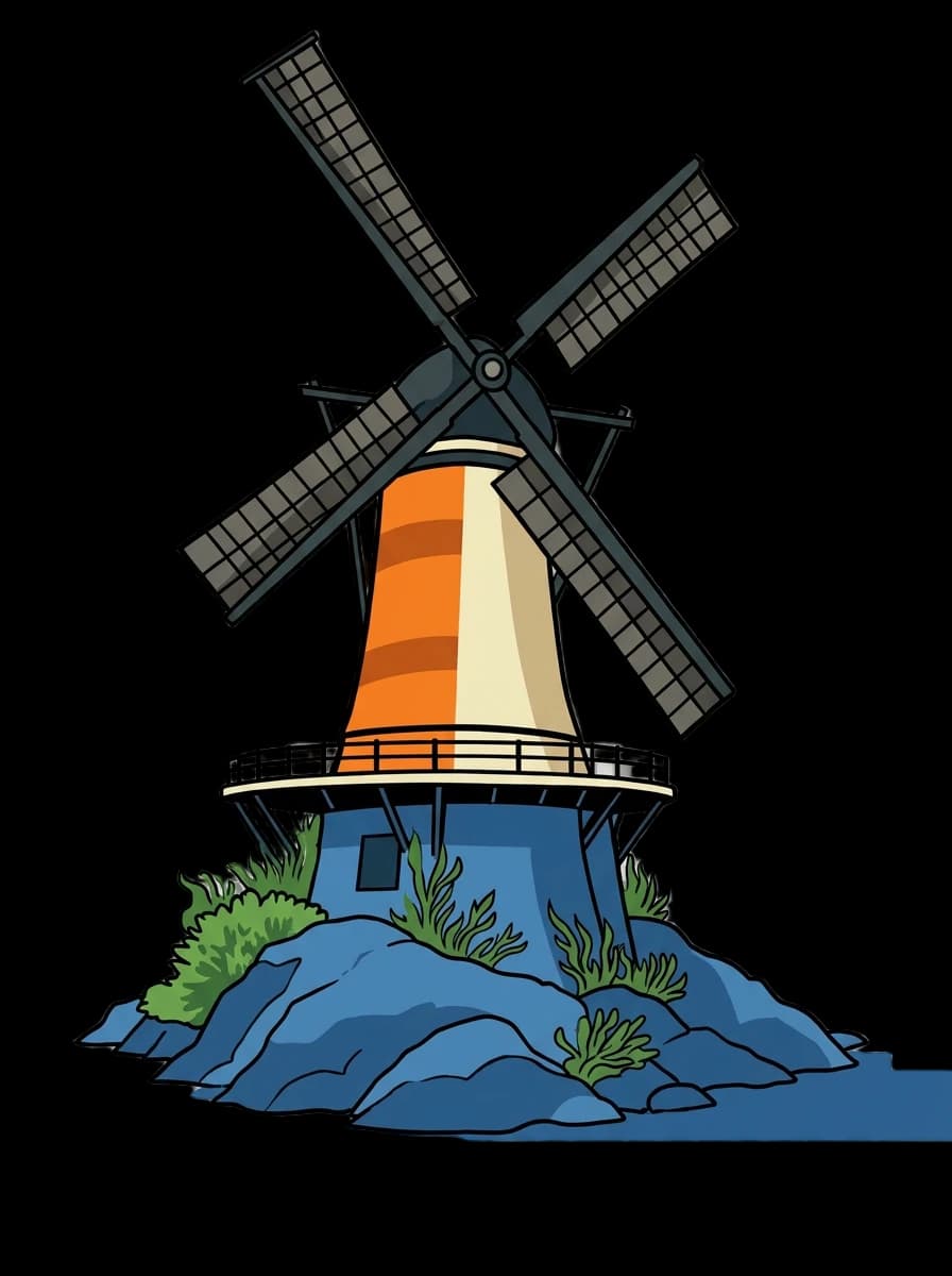 A Golden Gate Park windmill standing on a little sea rock.