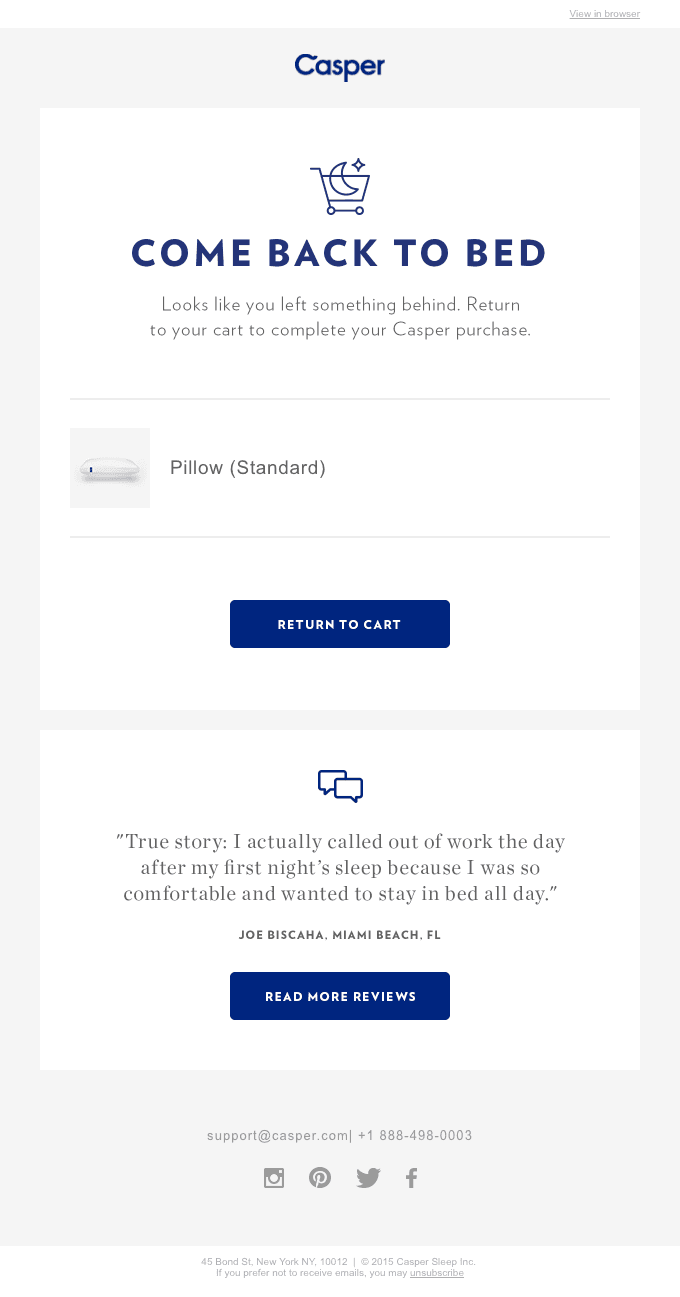 Casper's cart abandonment email: Come Back to Bed