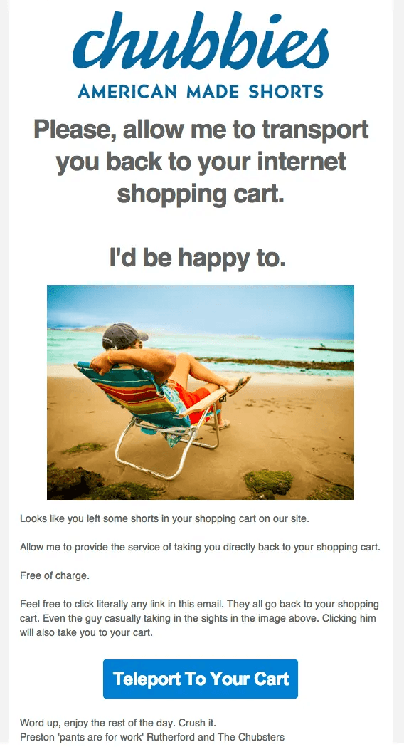 Chubbies cart abandonment email with humor-led subject line