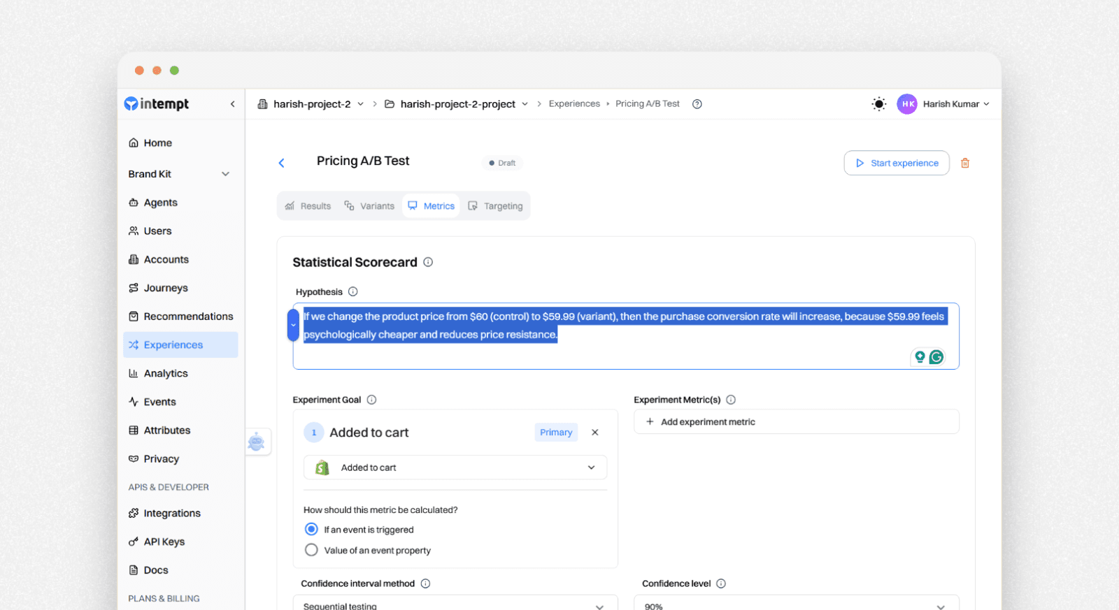 Shopify experiment setup: experiments metrics tab