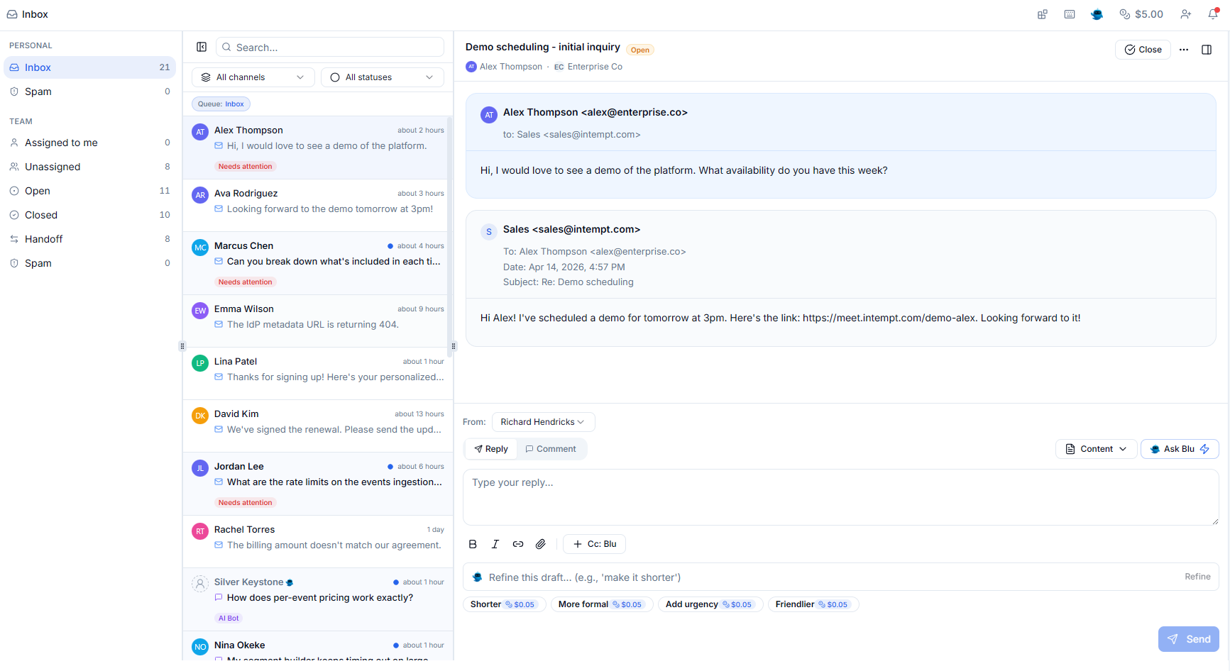 Inbox with emails auto-categorized by urgency and deal stage in Intempt