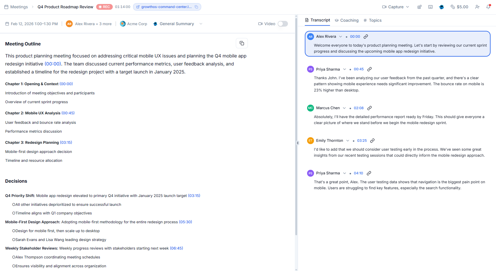 AI-generated follow-up email referencing specific commitments from the meeting transcript