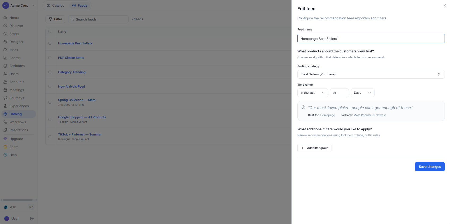 Algorithm selector showing 35 recommendation algorithms configured per placement in Intempt
