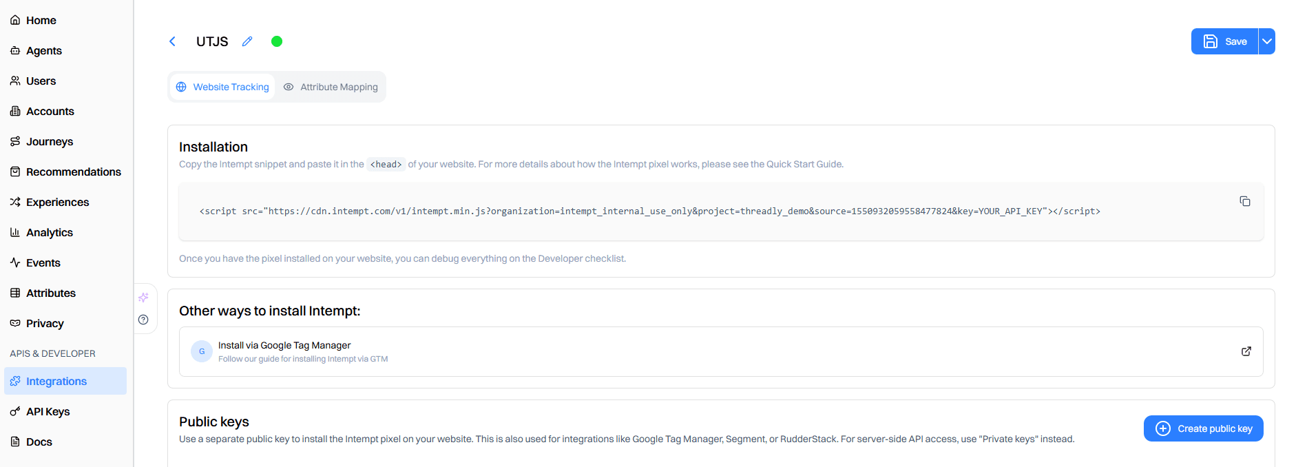 integrations javascript install snippet public keys - august 12 2025 - Intempt documentation