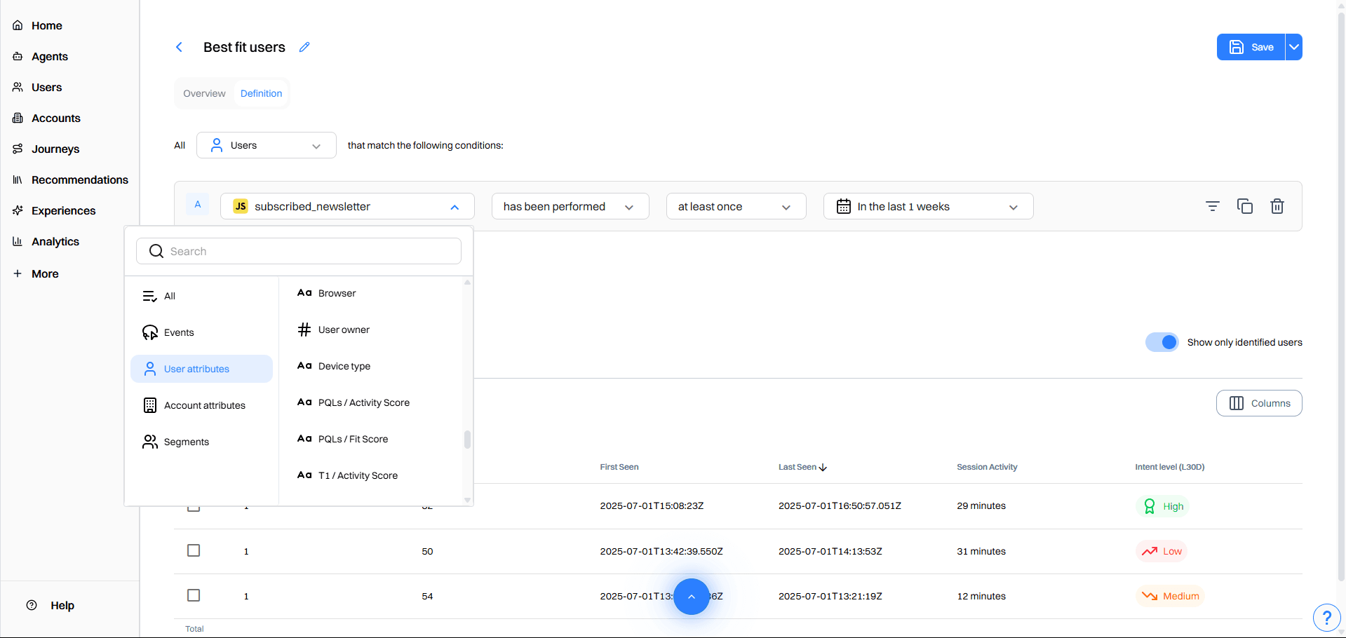 segment definition user attributes menu - july 72025 - Intempt documentation