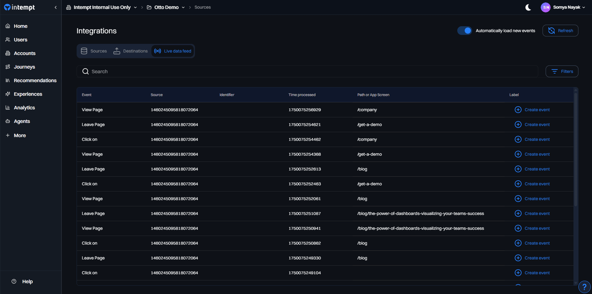 integrations live data feed create event - june 16 2025 - Intempt documentation
