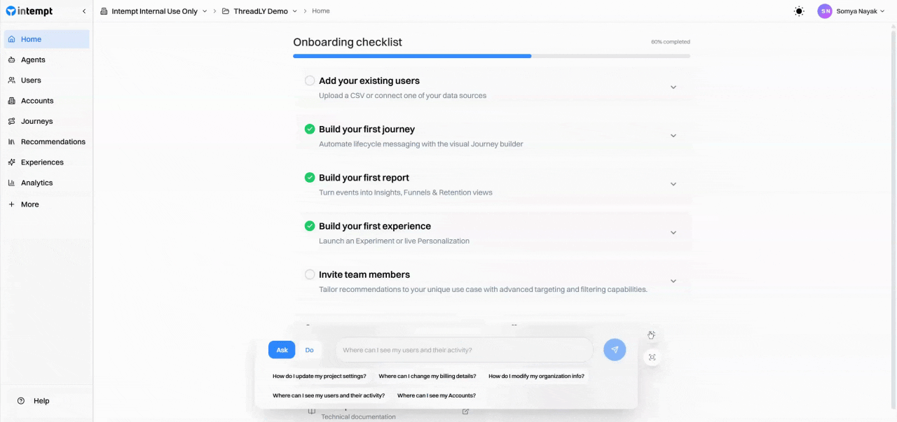 home onboarding checklist ask do toggle - june 23 2025 - Intempt documentation