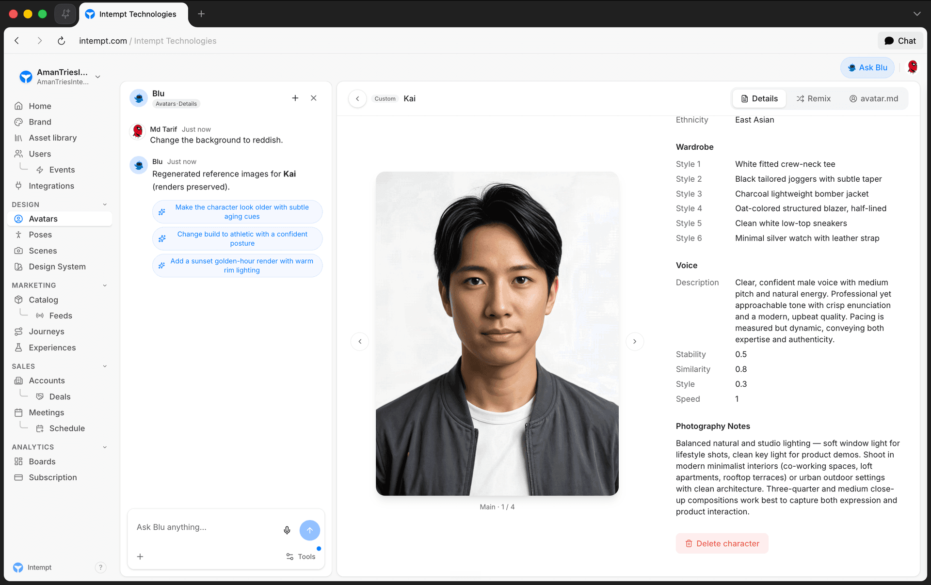avatar detail remix delete regenerate chat - generating brand assets with blu - Intempt documentation