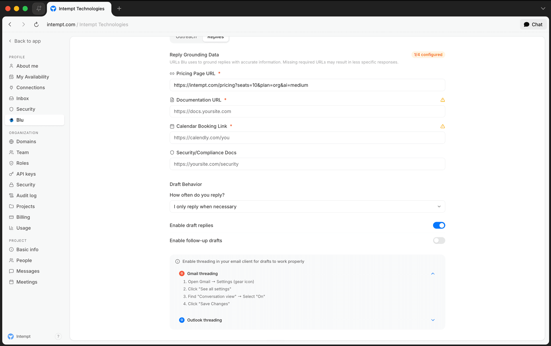 draft behavior card threading expanded - setting up company knowledge - Intempt documentation