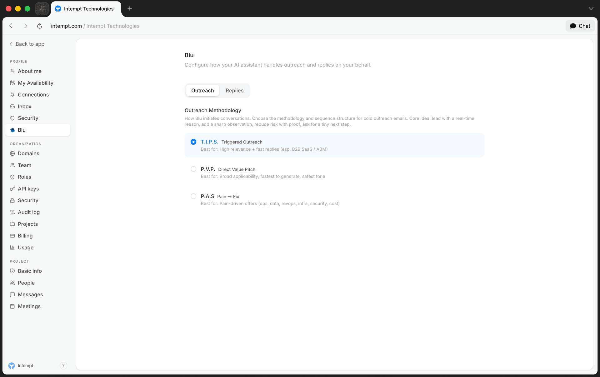 outreach tab methodology selected - setting up company knowledge - Intempt documentation