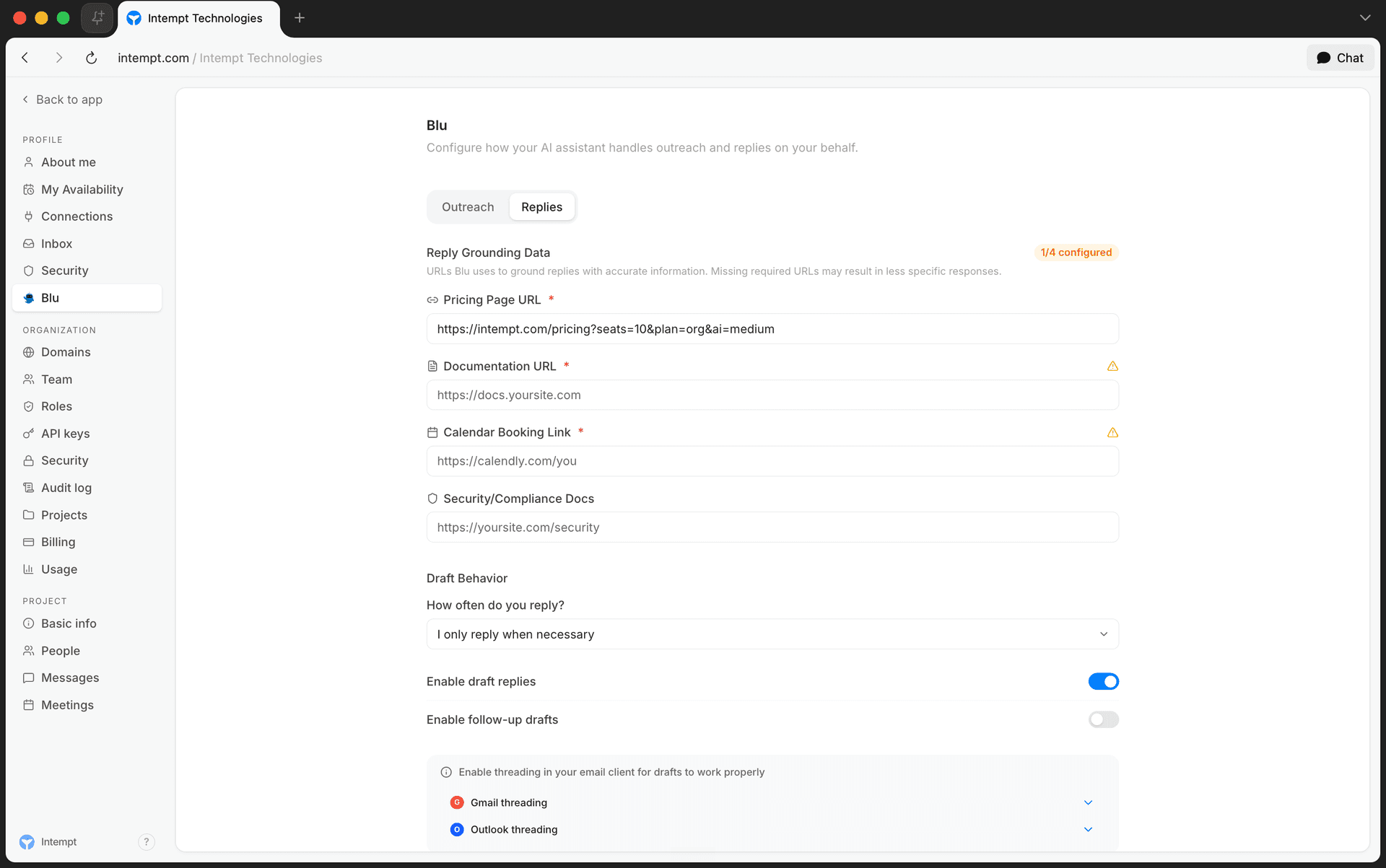 reply grounding data card configured - setting up company knowledge - Intempt documentation