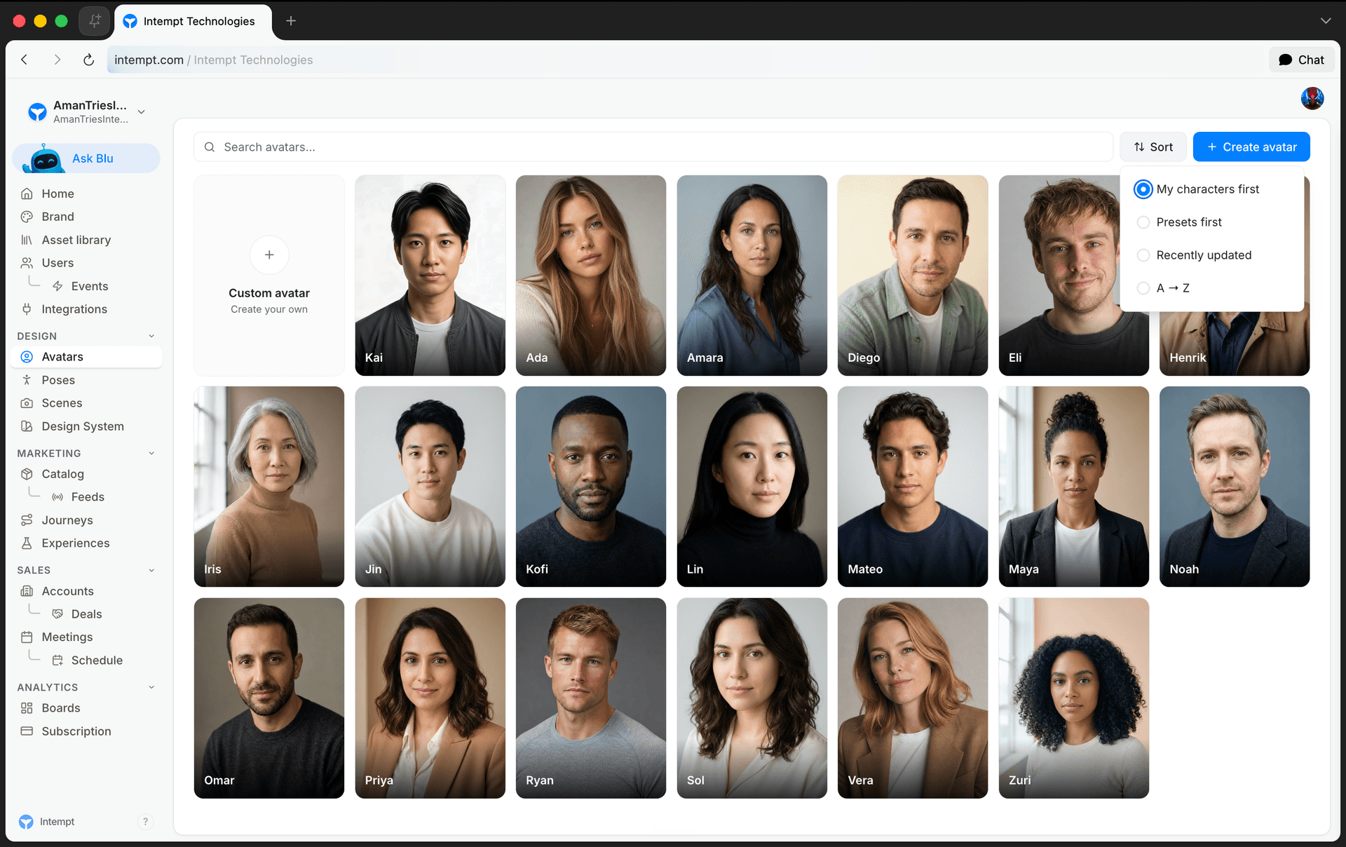 avatars list search sort dropdown open - avatars overview - Intempt documentation