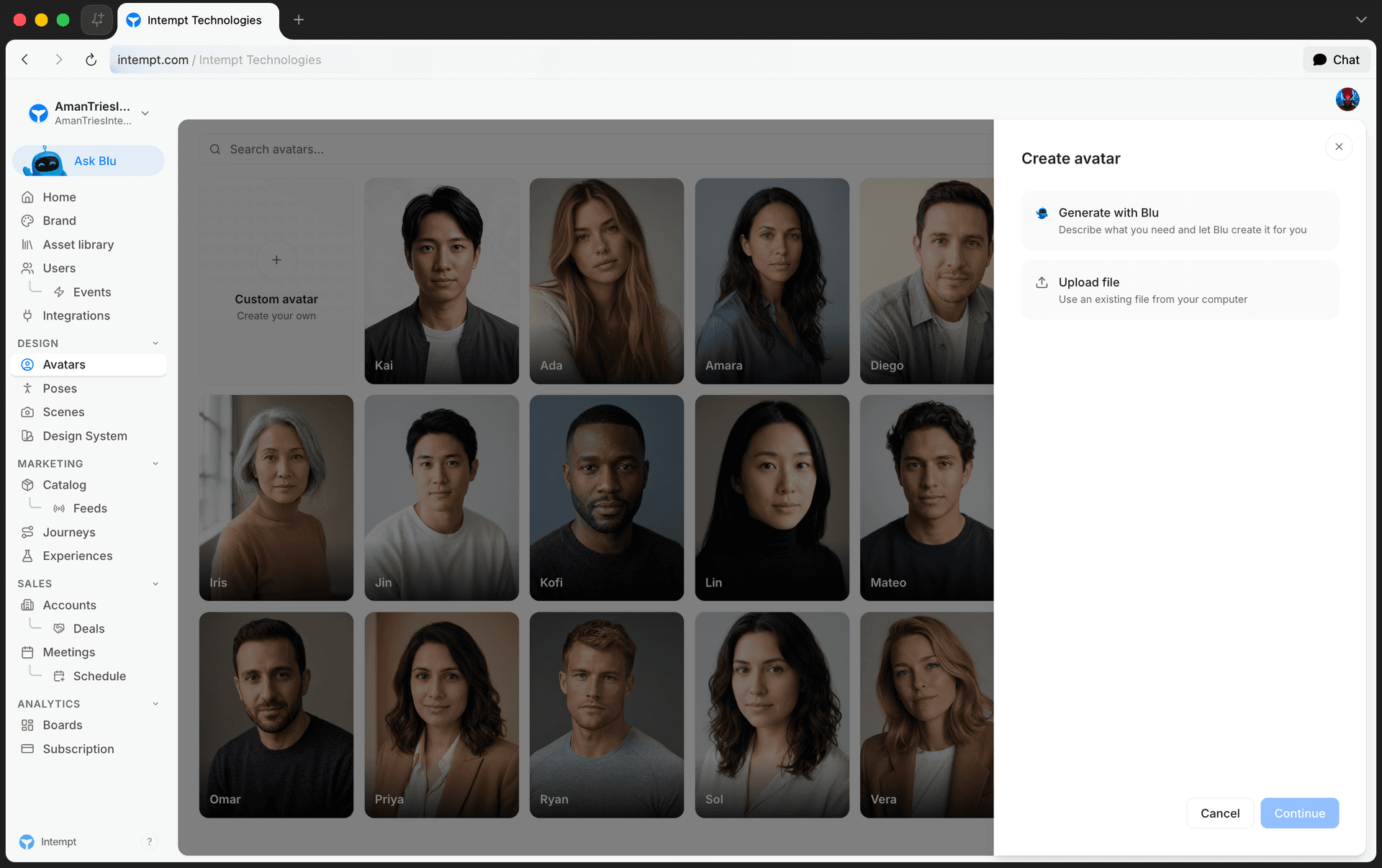 new button menu generate with blu upload file - creating a custom avatar - Intempt documentation