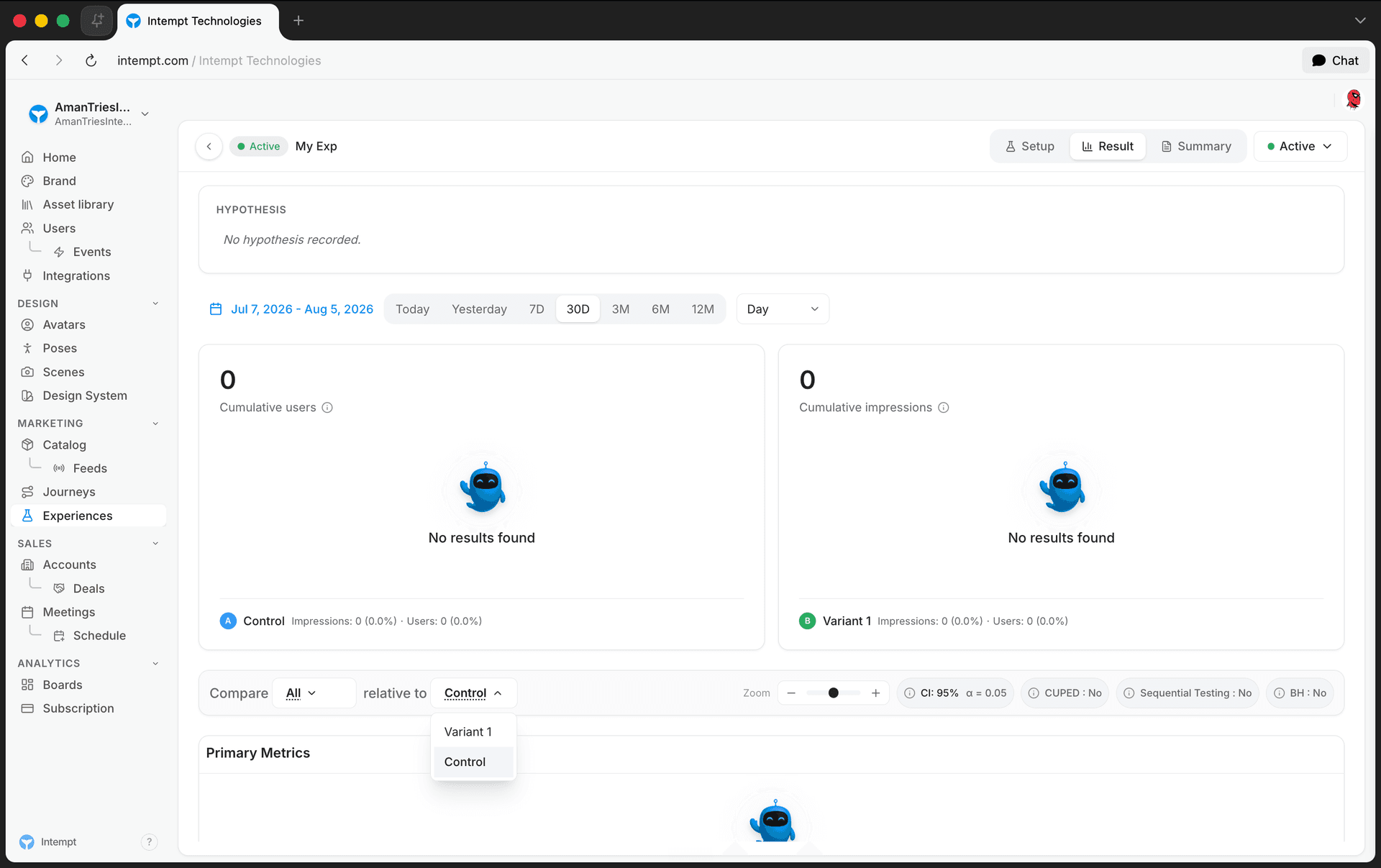 results tab compare controls bh toggle - multivariate testing - Intempt documentation