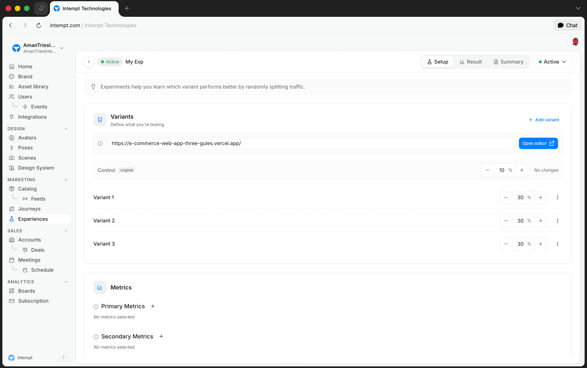 variants tab control plus 3 variants traffic - multivariate testing - Intempt documentation