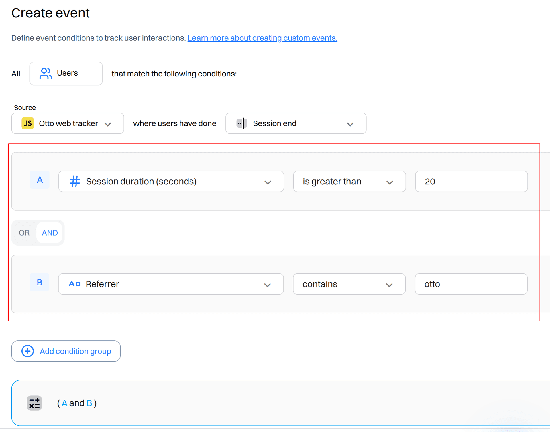 create event condition groups and or - creating an event - Intempt documentation