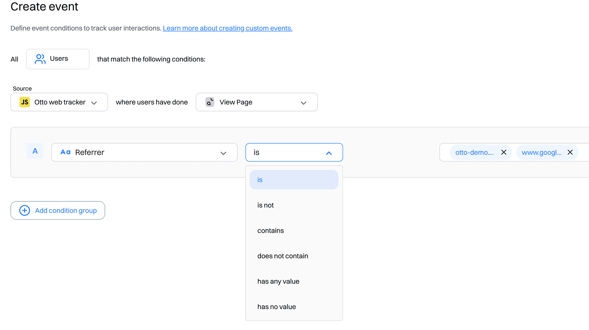 create event condition operator dropdown - creating an event - Intempt documentation