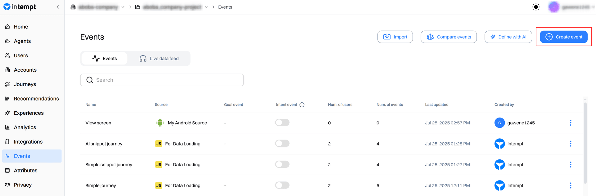 events list create event button - creating an event - Intempt documentation