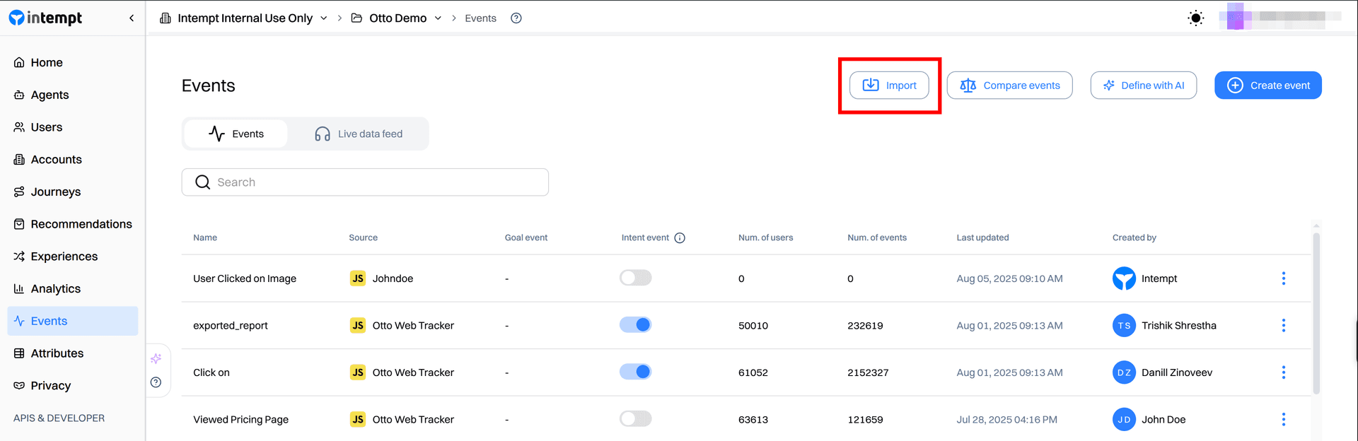 events list import button - creating an event - Intempt documentation