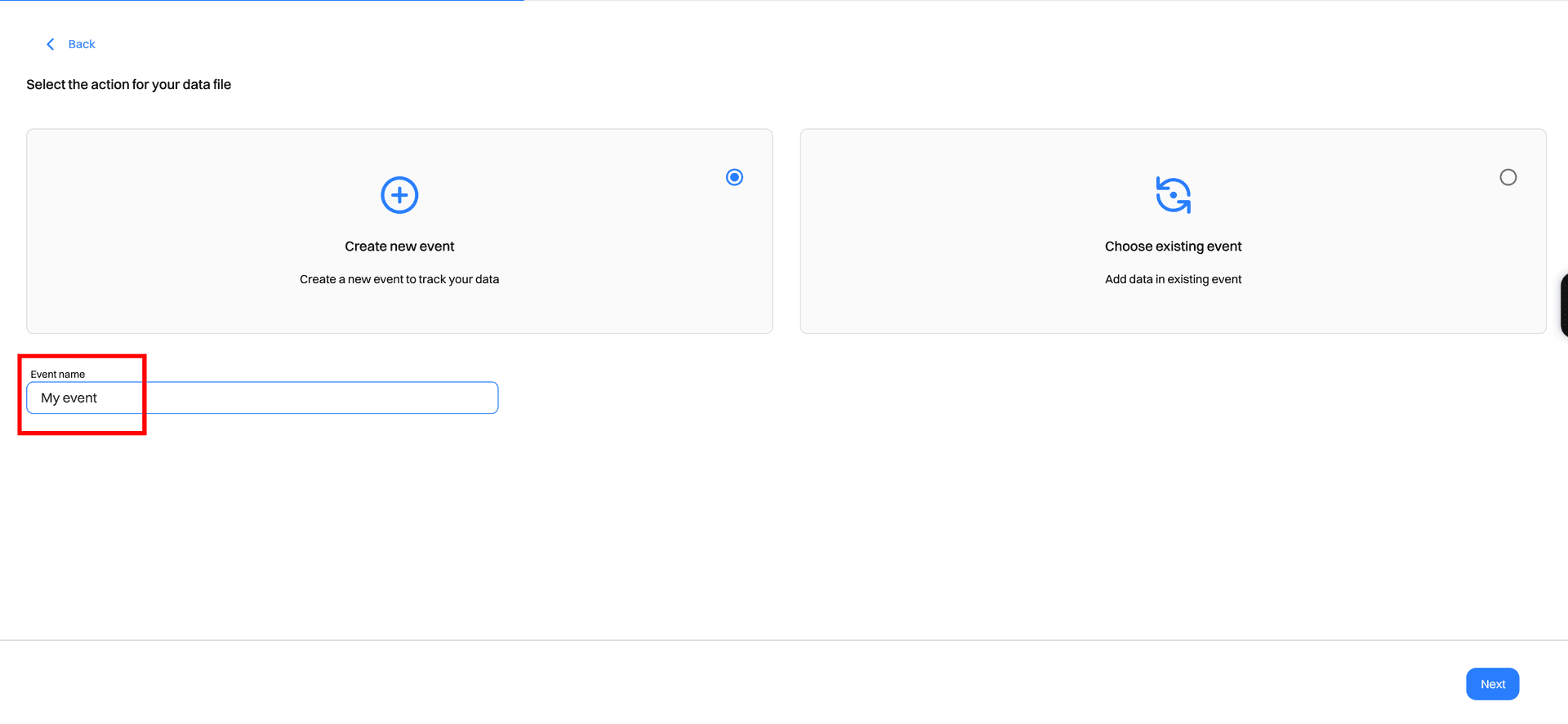 import create new event name field - creating an event - Intempt documentation
