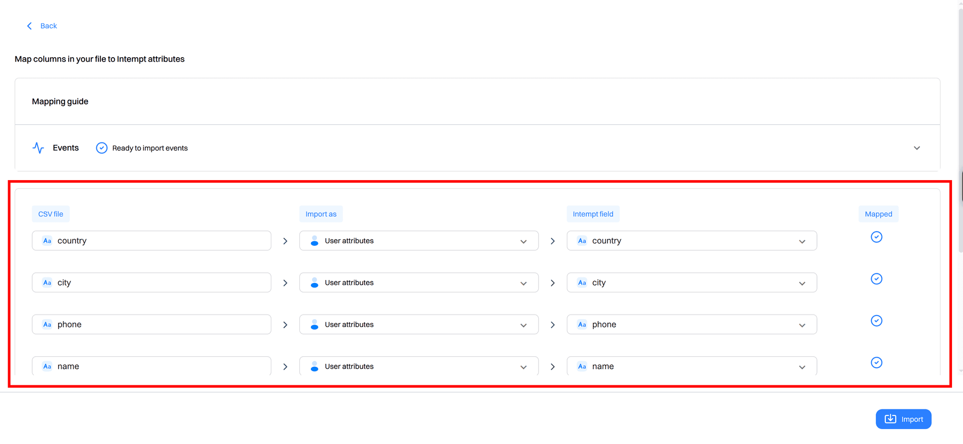 import events map columns user attributes - creating an event - Intempt documentation