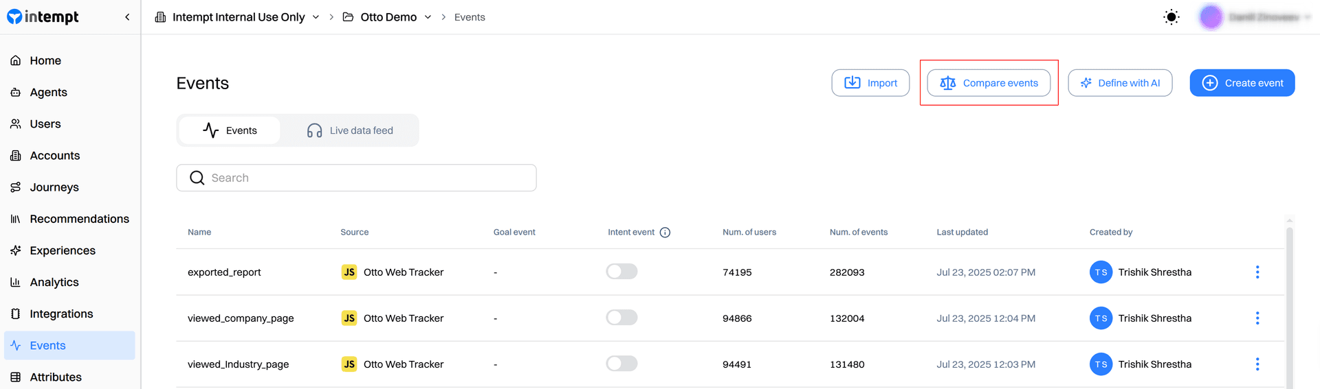 events list compare events button - event comparison - Intempt documentation