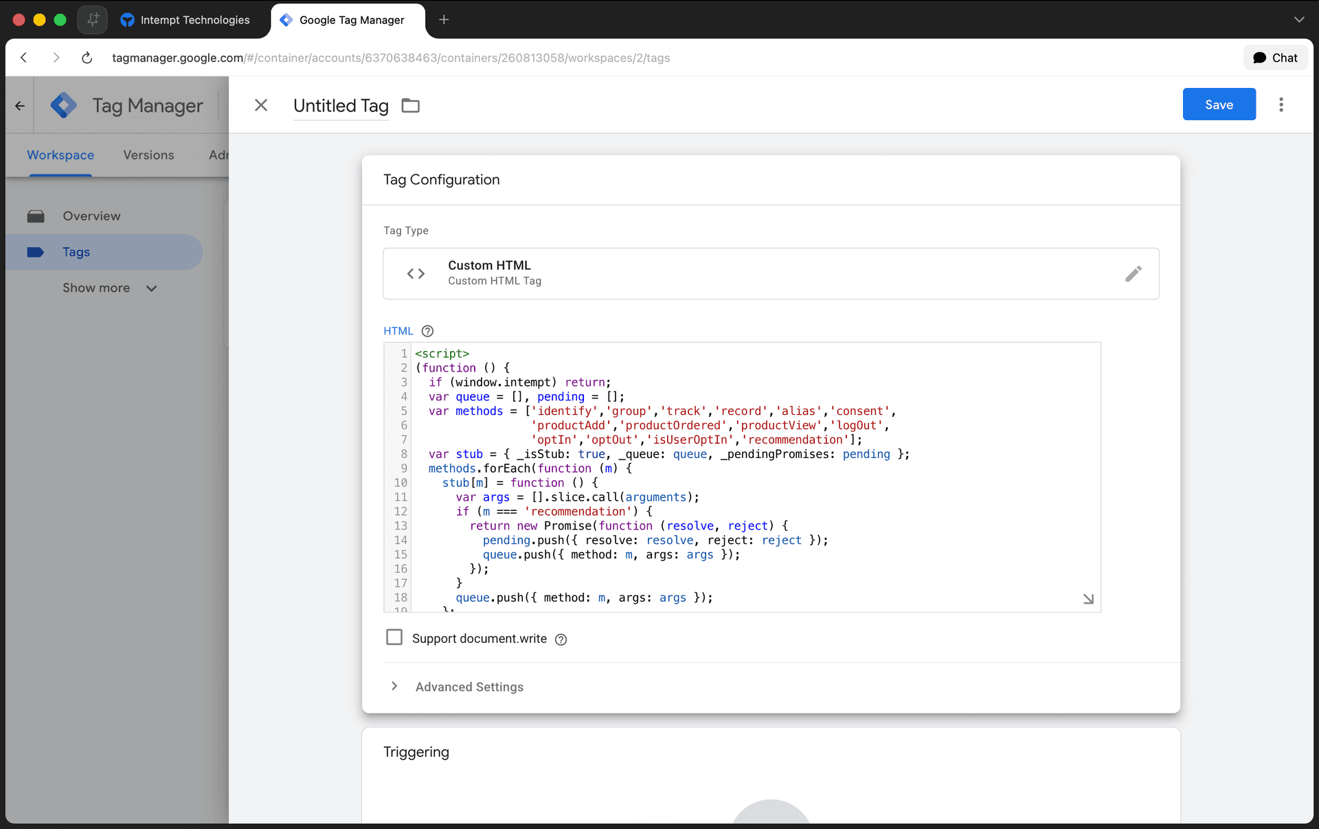 gtm custom html tag intempt snippet - google tag manager - Intempt documentation