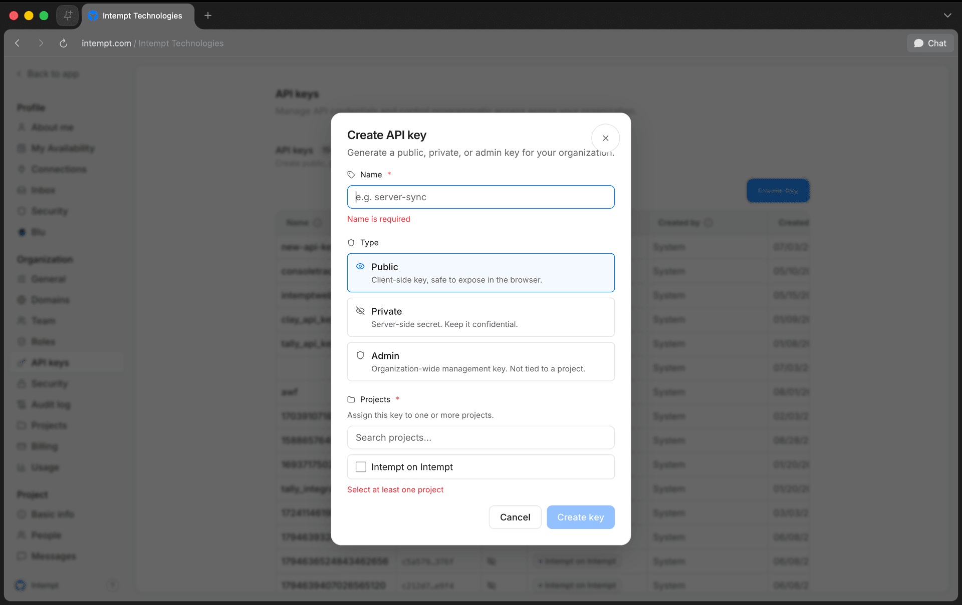 settings api keys create api key panel - google tag manager - Intempt documentation
