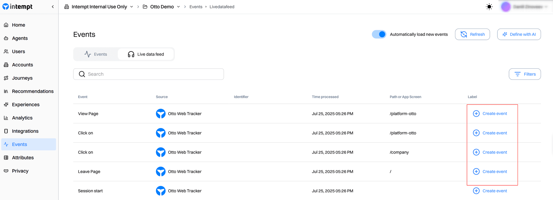 live data feed create event links - live data feed - Intempt documentation