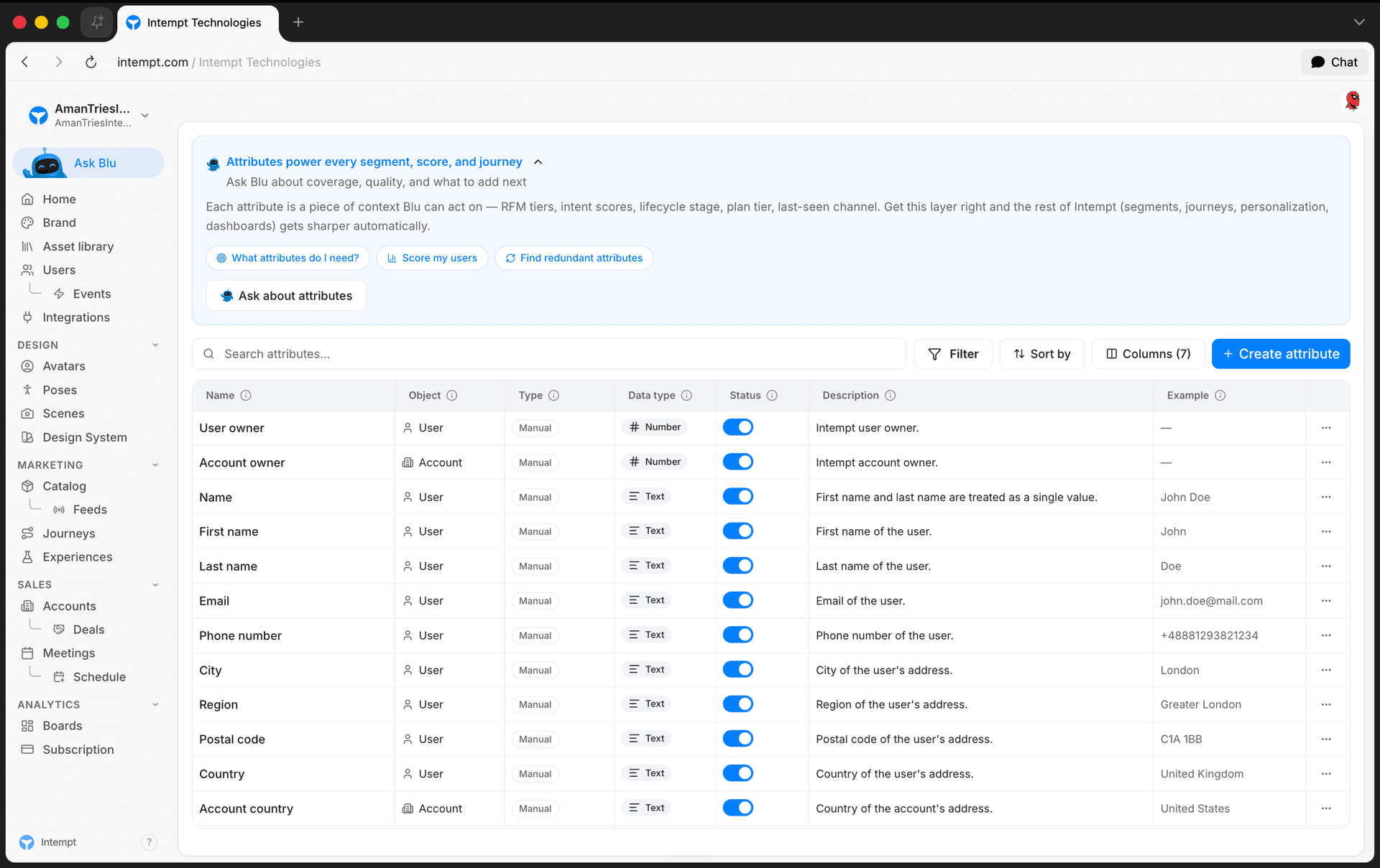 attributes list page table columns - managing attributes - Intempt documentation