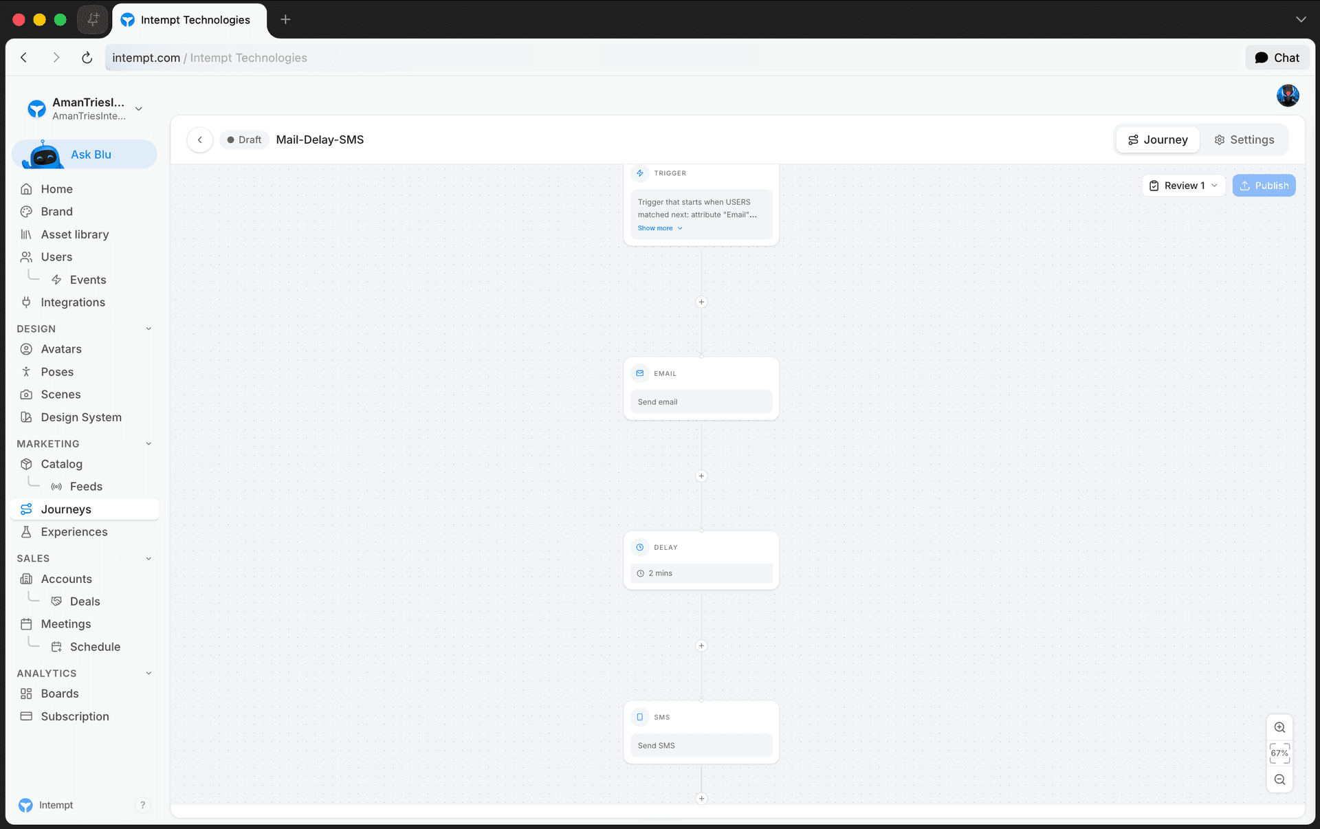 canvas send email delay send sms sequence - multi channel journey setup - Intempt documentation