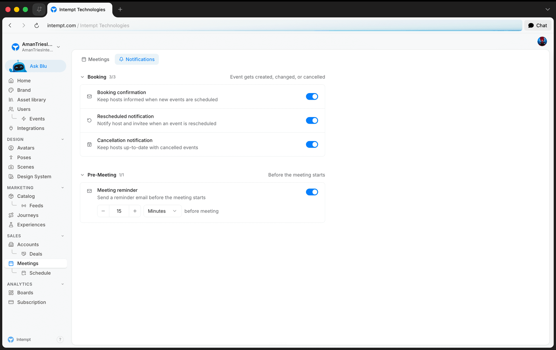 booking toggles pre meeting reminder lead time - meeting notifications - Intempt documentation