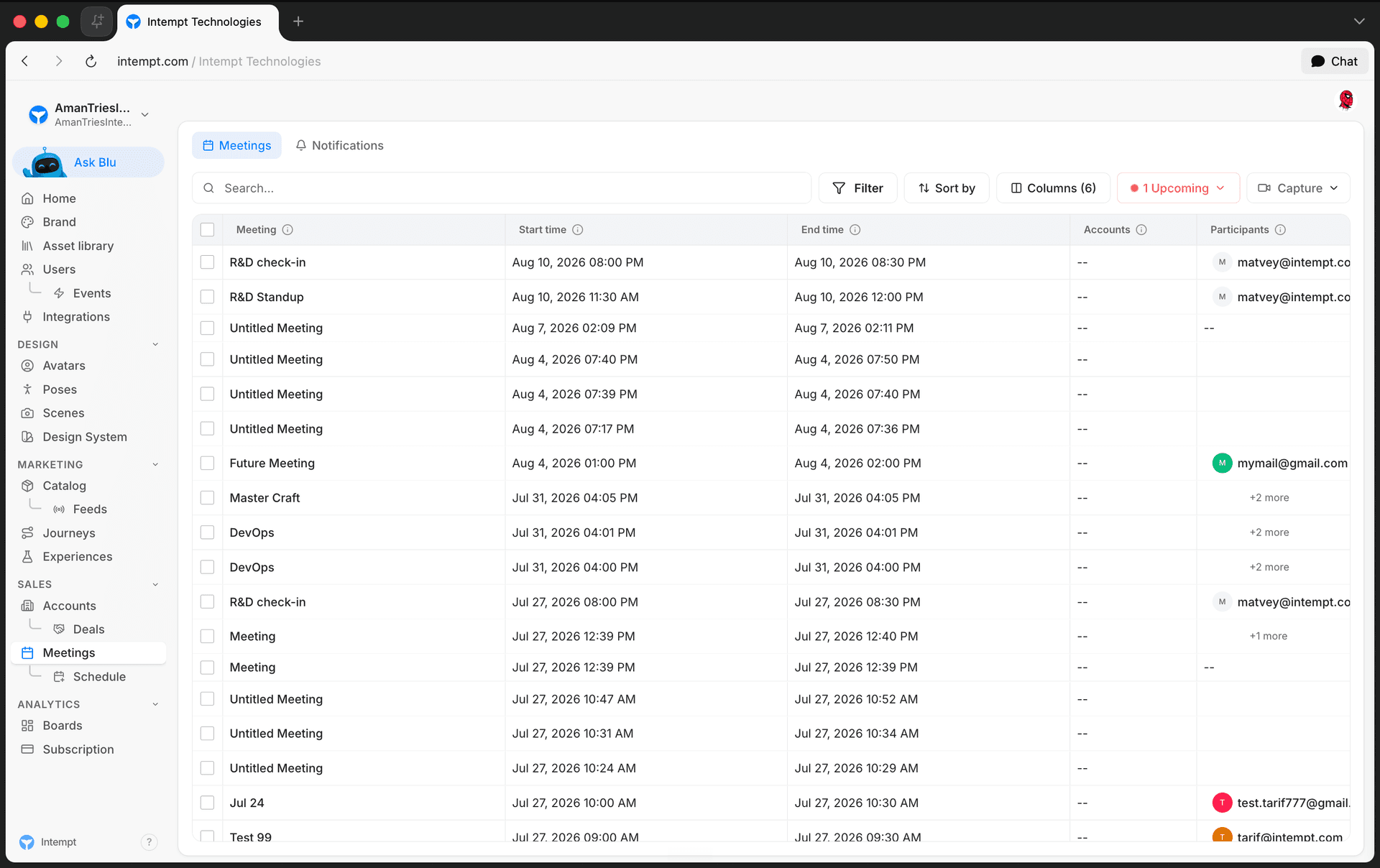 meetings list table segment selector toolbar - meetings overview - Intempt documentation