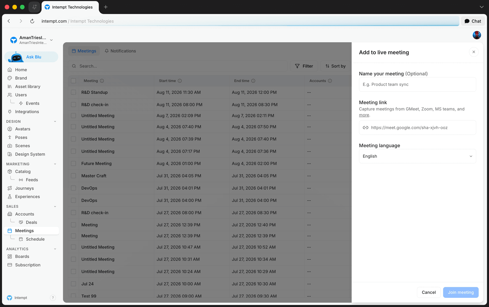 add to live meeting sidebar name link language - setting up call recording - Intempt documentation