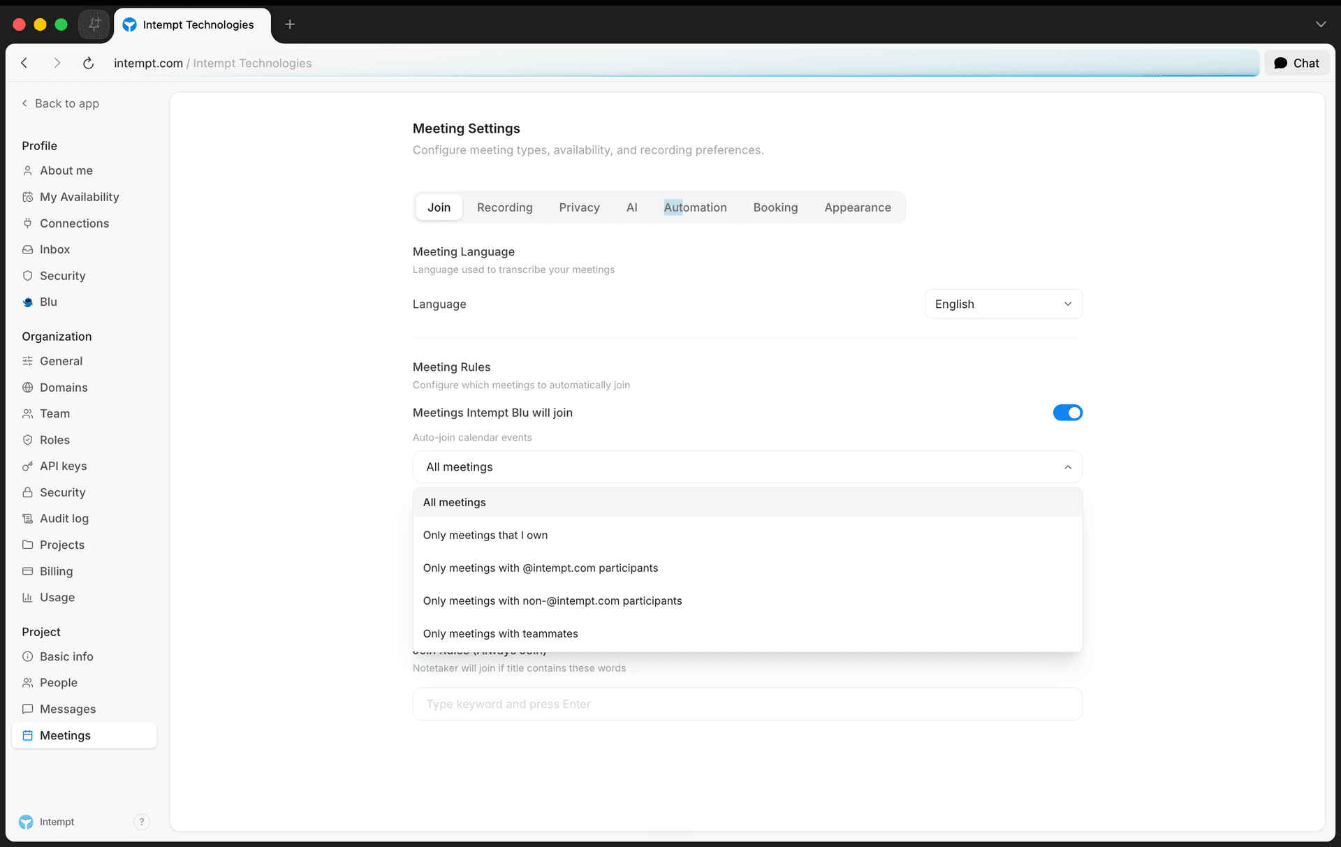 join tab meeting rules toggle autojoin dropdown - setting up call recording - Intempt documentation