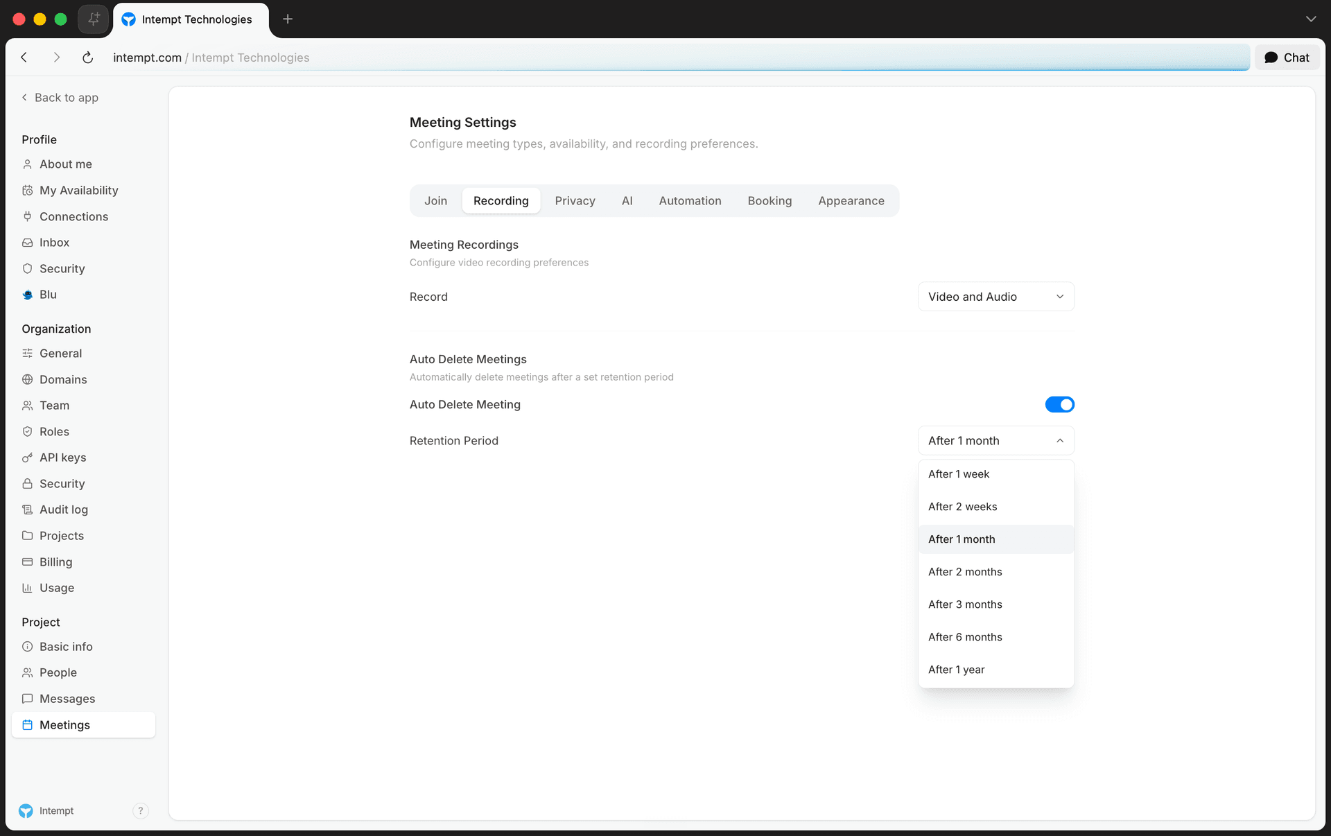 retention period dropdown expanded 7 options - setting up call recording - Intempt documentation
