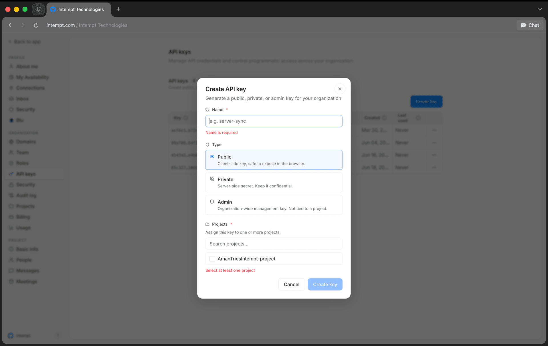 create api key name type projects - api keys - Intempt documentation