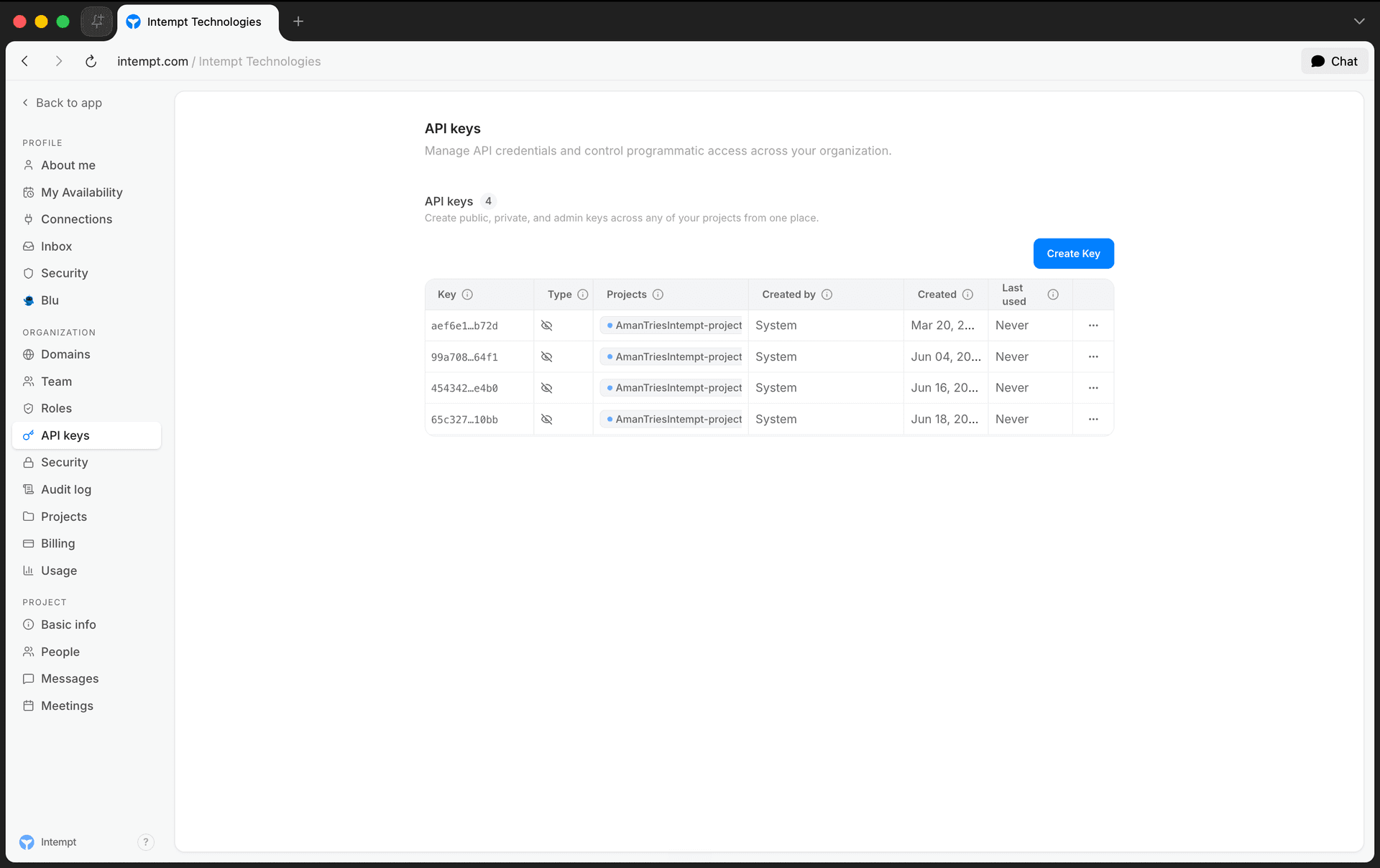 org settings api keys list columns - api keys - Intempt documentation