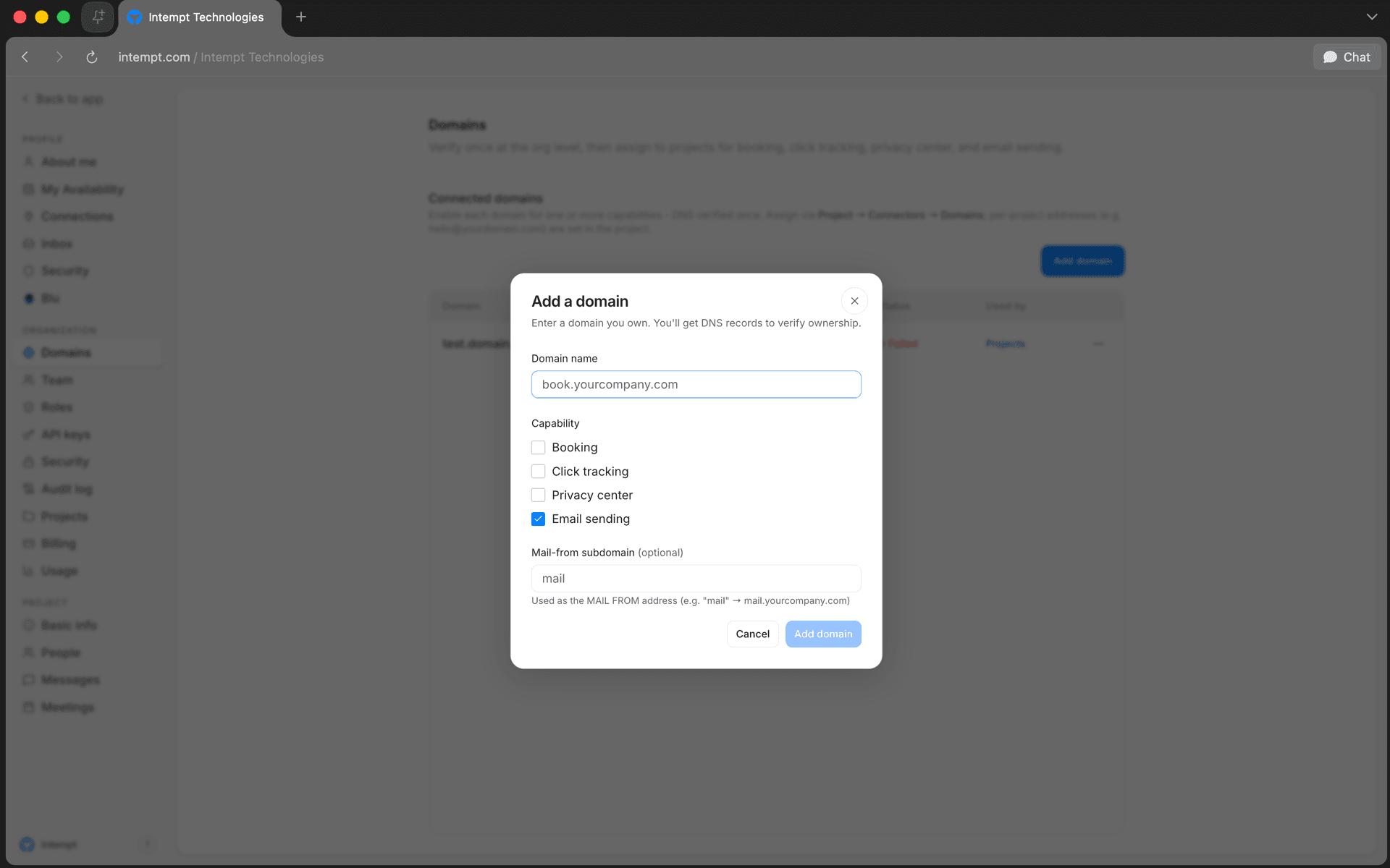 add a domain dialog capability mail from - domains - Intempt documentation