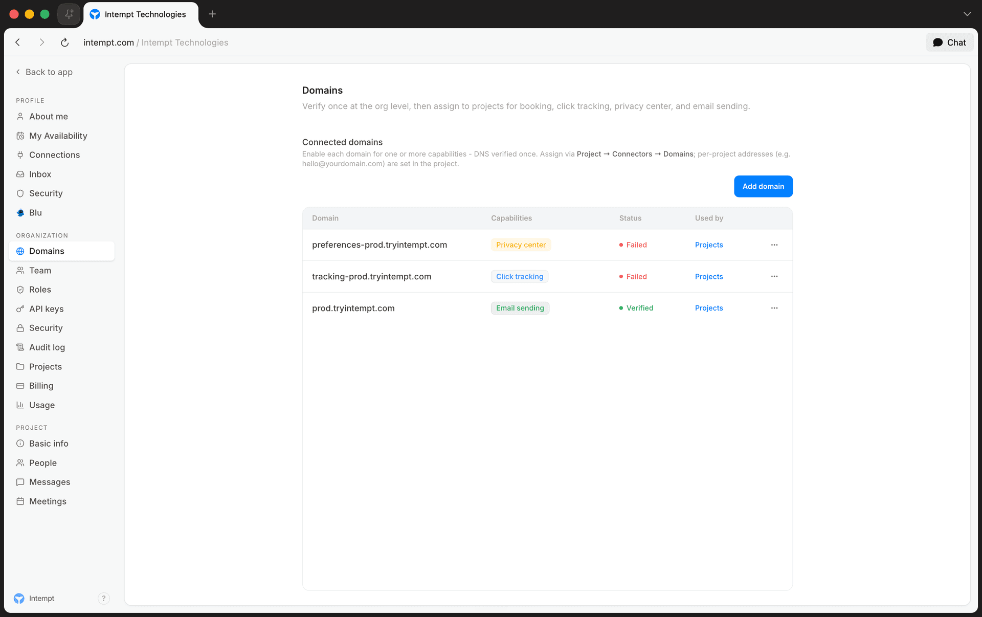 connected domains table capability status badges - domains - Intempt documentation