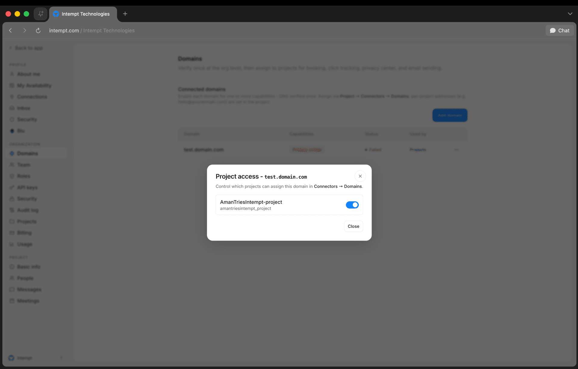 project access dialog per project toggle - domains - Intempt documentation