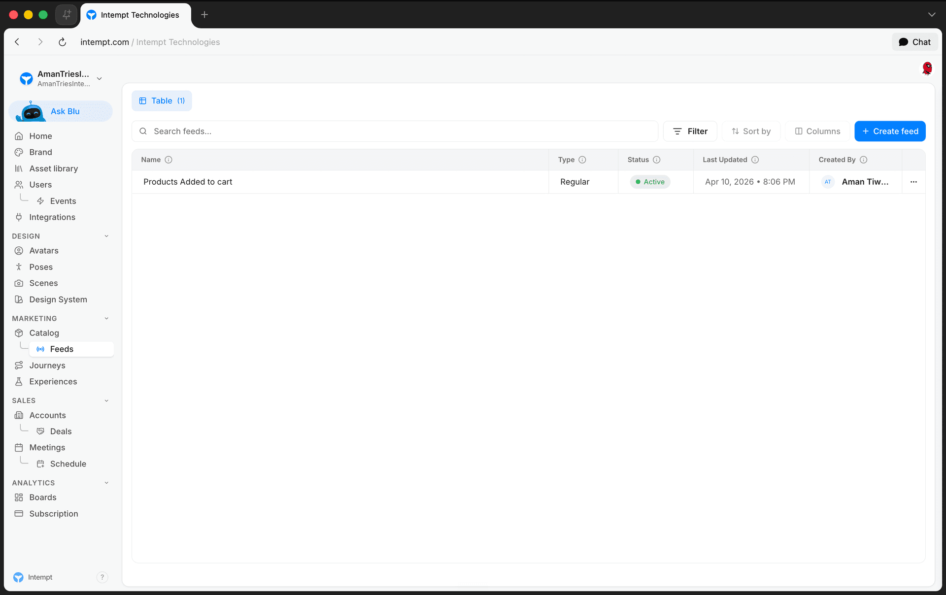 feeds list active feed - setting up product recommendations - Intempt documentation