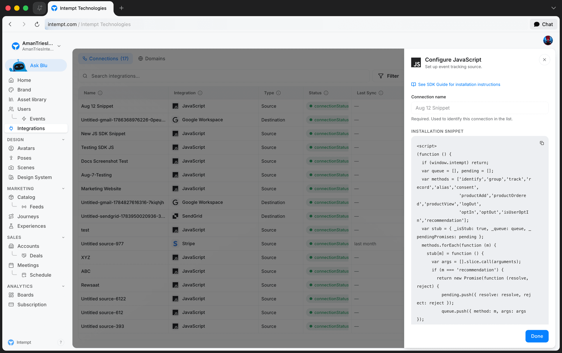 configure javascript installation snippet - migrating from segment mixpanel amplitude - Intempt documentation