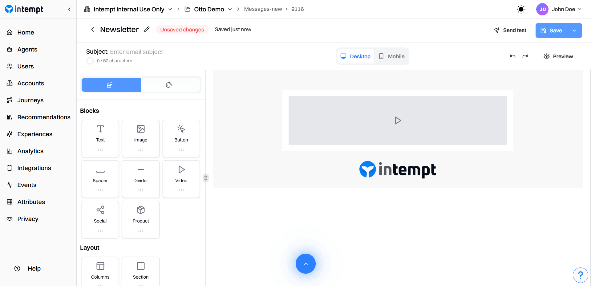 newsletter email editor blocks panel - july 21 2025 - Intempt documentation