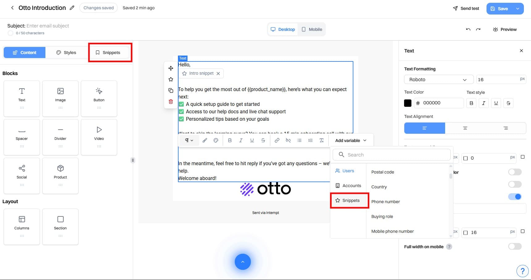 email editor snippets tab variable menu - july 28 2025 - Intempt documentation