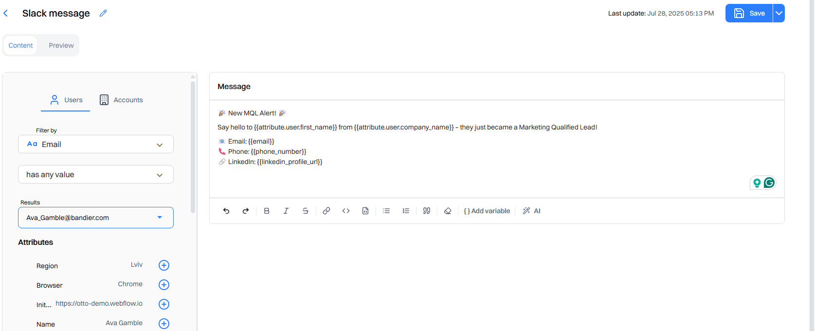 slack message editor attributes - july 28 2025 - Intempt documentation