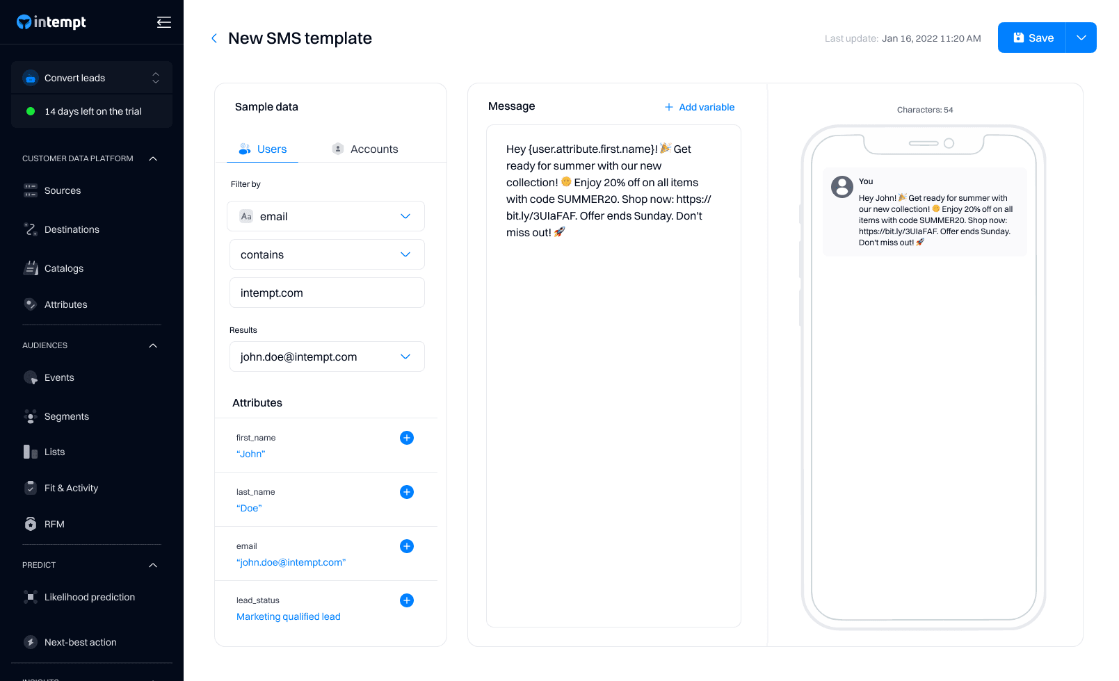 new sms template editor preview - november 5 2024 - Intempt documentation