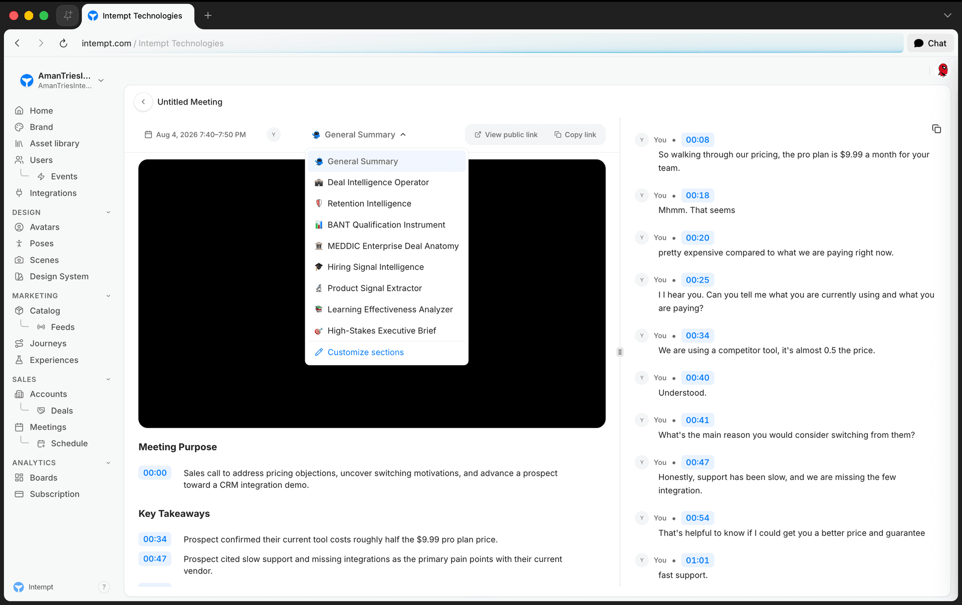 summary type dropdown customize sections - blu for meetings reactive - Intempt documentation