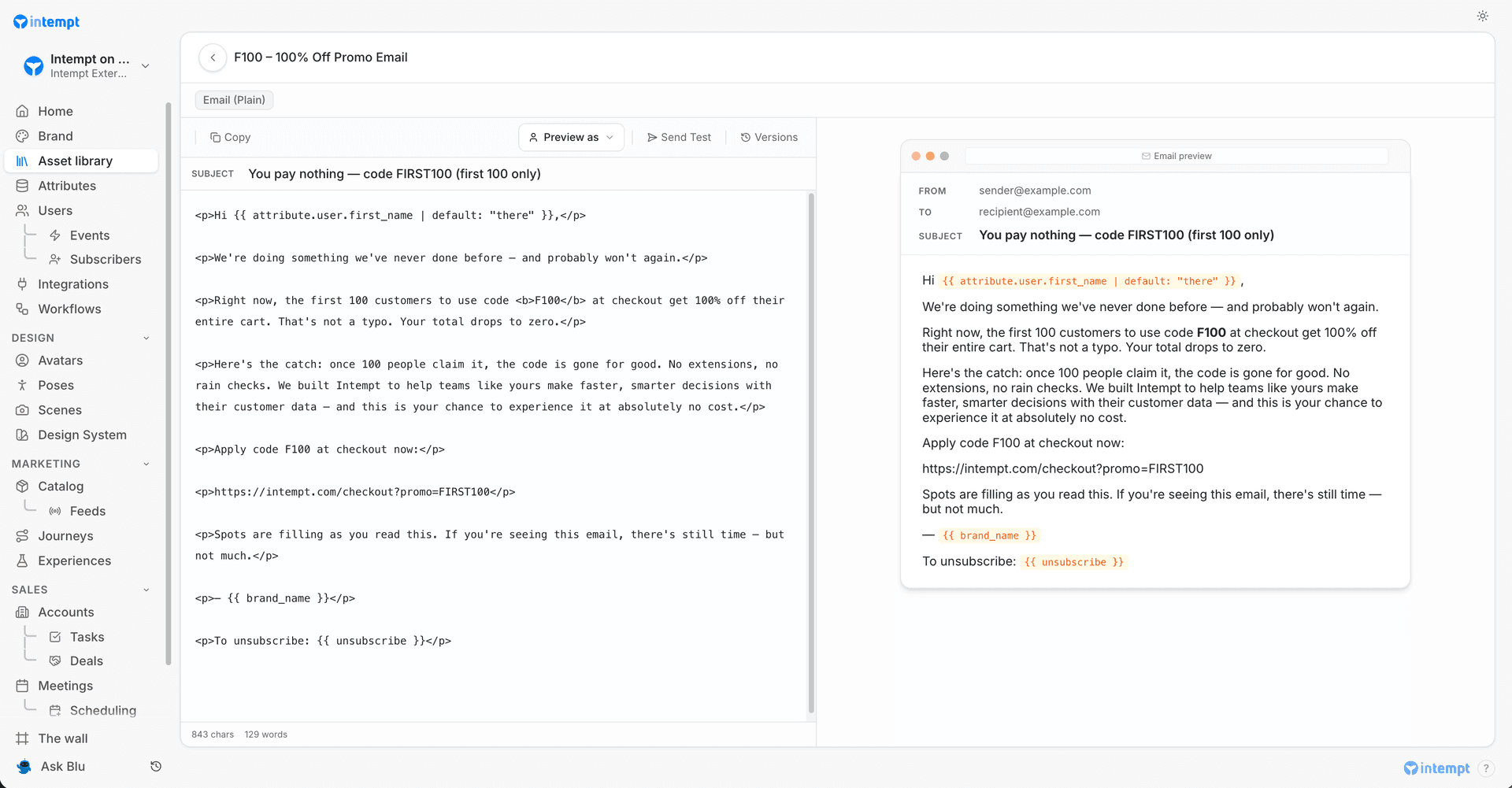 email plain split editor inbox preview - blu in content builder and creative studio - Intempt documentation